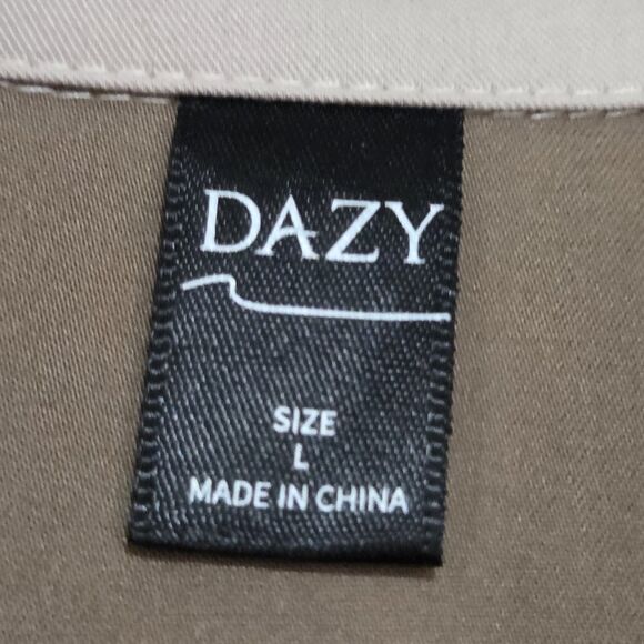 Dazy Tan Beige Contrast Collar Midi Shirt Dress Size L Long Sleeve Rayon Blend - Picture 2 of 10